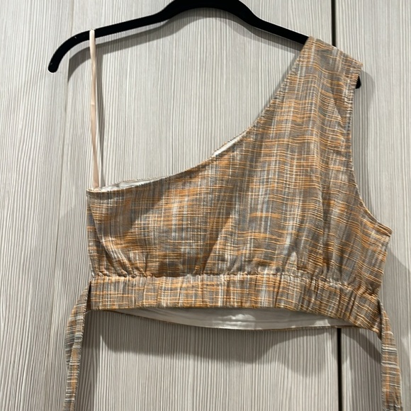 BCBGeneration Basket Weave One Shoulder Crop Top Muted Blue/Orange Tie Waist S - Picture 6 of 14